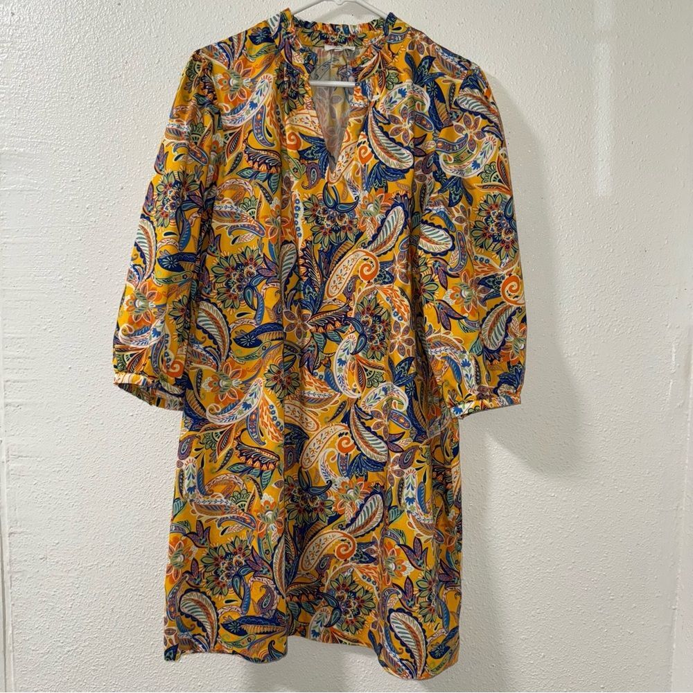 Tyler Böe Sheri Shift Puffed Sleeves Dress V- neck Side Zipper Yellow Paisley XL